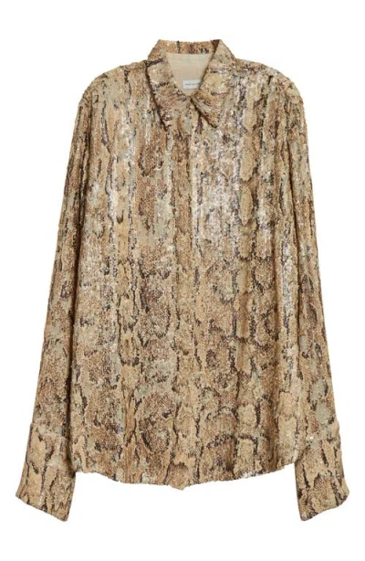 Dries Van Noten Celina Snakeskin Print Sequin Shirt In Beige