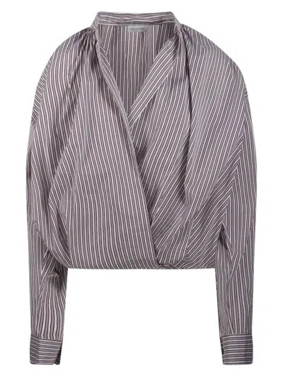 Dries Van Noten Cenver Silk Blend Striped Long Blouse In Gray