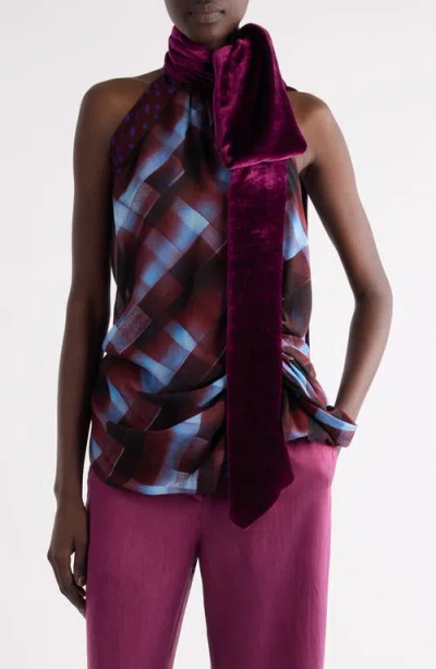Dries Van Noten Cevira Spray Check Tie Neck Halter Top In Burgundy