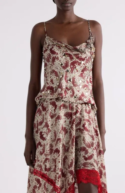 Dries Van Noten Chai Orchid Petal Print Embellished Silk Camisole In Burgundy