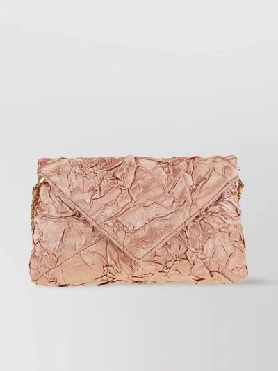 Dries Van Noten Chain Strap Crinkled Texture Envelope Flap Metallic Finish Pleated Fabric Shoulder Bag In Peach