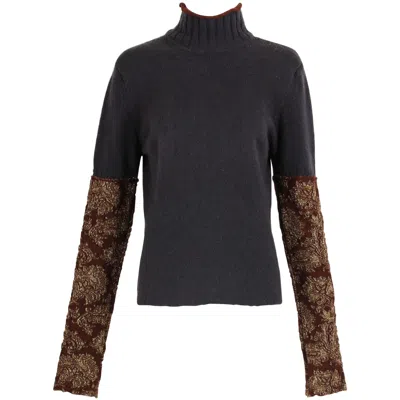 Pre-owned Dries Van Noten Charcoal Grey Wool Mock-neck Sweater W/metallic Folate Sleeves In Gray