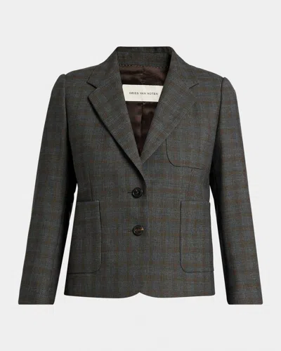 Dries Van Noten Check Single-breasted Shrunken Jacket In Brown
