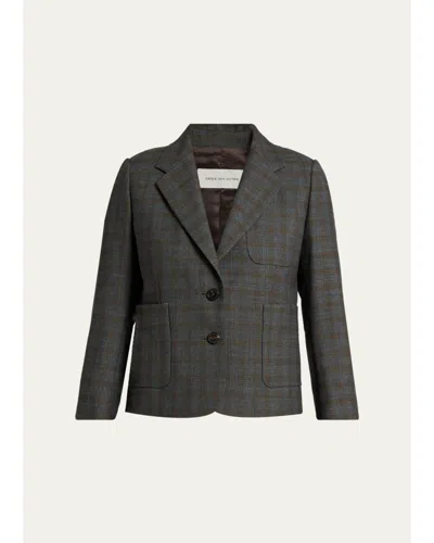 Dries Van Noten Check Single-breasted Shrunken Jacket In Brown