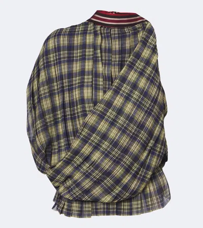 Dries Van Noten Womens Khaki Cuneggio Draped Pleat Tartan Top In Blue