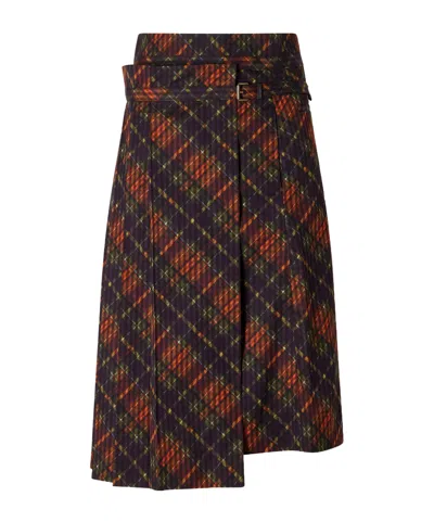 Dries Van Noten Checked Pleated Cotton Midi Skirt In Brown