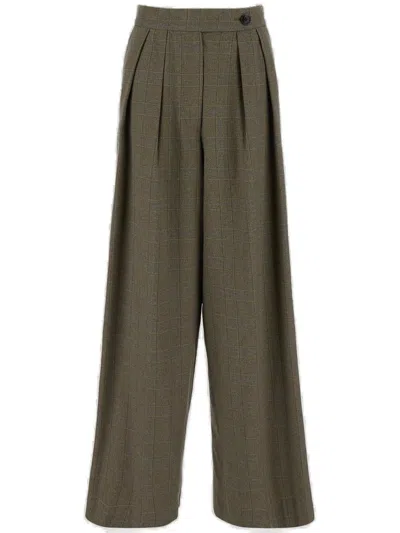 Dries Van Noten Checked Wide Leg Trousers In Beige