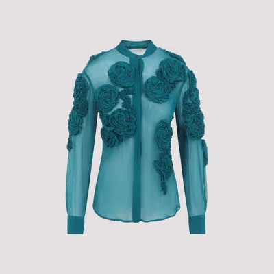 Dries Van Noten Chowsa Embellished Shirt In Sheer Viscose In Blue