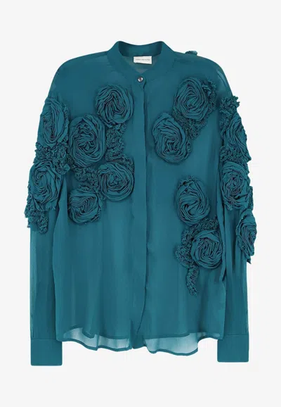 Dries Van Noten Chowsa Floral Applique Blouse In Petrol