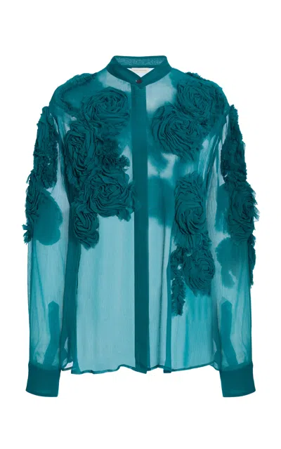 Dries Van Noten Chowsa Rose-embellished Chiffon Blouse In Blue