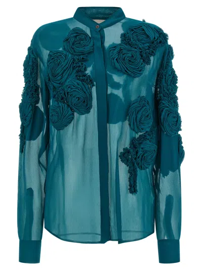 Dries Van Noten Womens Petrol Chowsa Embroidered Sheer Shirt In Blue