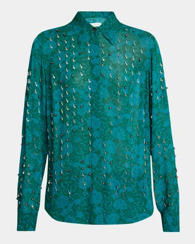 Dries Van Noten Chowy Embellished Button-down Shirt In Green