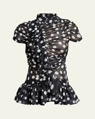 Dries Van Noten Chuchu Polka-dot Sheer Ruffle Blouse In Black