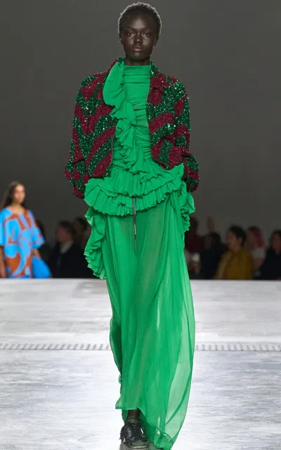 Dries Van Noten Chuchu Ruffles Mousseline-silk Top In Green