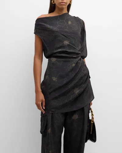 Dries Van Noten Floral Asymmetric Ruched Cascade Ruffle Sleeveless Silk Dress In Black