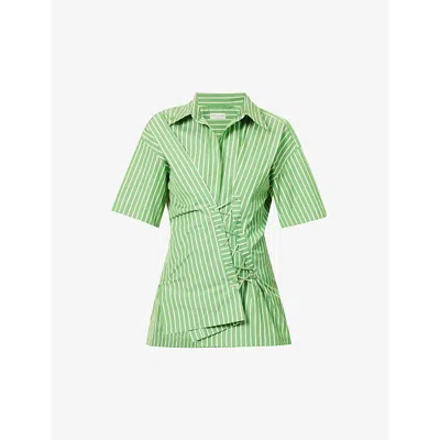 Dries Van Noten Womens Green Cinched-waist Striped Cotton-poplin Shirt