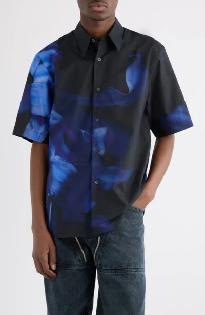 Dries Van Noten Clasen Floral Cotton Poplin Sleeve Silk Button-up Shirt In Blue