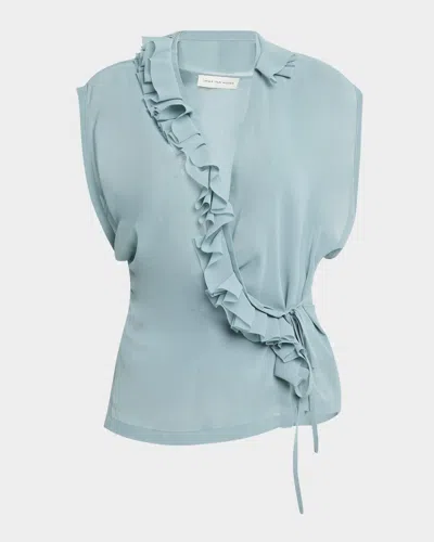 Dries Van Noten Clematis Ruffle Sleeveless Wrap Top In Pale Blue