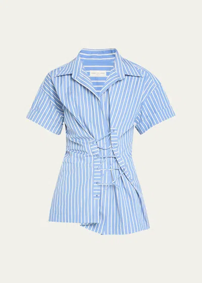 Dries Van Noten Striped Lace-up Cotton-poplin Shirt In Light Blue