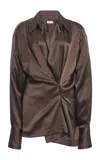 Dries Van Noten Clickys Draped Stretch-silk Shirt In Brown