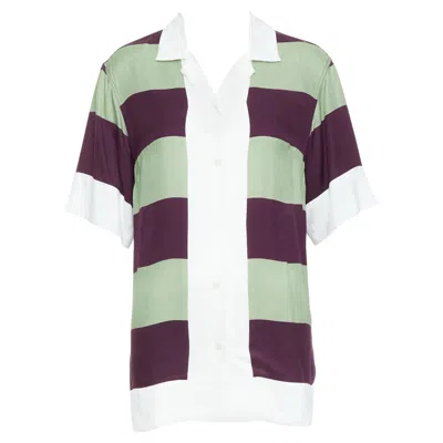 Pre-owned Dries Van Noten Clive 8142 Green Purple Striped Bowling Shirt Fr34 Xs