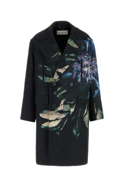 Dries Van Noten Floral Print Double-breasted Long Sleeve Coat In Black