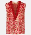 Dries Van Noten Sleeveless V-neck Animal Print Sequin Trim Top In Red