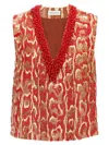 Dries Van Noten Sleeveless V-neck Animal Print Sequin Trim Top In Red