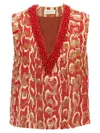 Dries Van Noten Sleeveless V-neck Animal Print Sequin Trim Top In Red