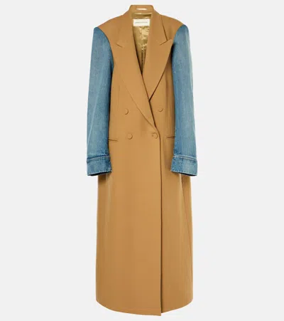 Dries Van Noten Double-breasted Rinko Coat With Denim Sleeves In Brown