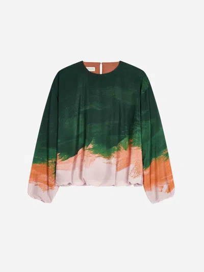 Dries Van Noten Coocon Silk Blouse In Printing Of Placed Brush Strokes