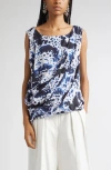 Dries Van Noten Cot Orchid Petal Print Draped Top In Blue