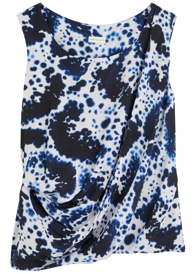 Dries Van Noten Cot Printed Matte Satin Top In Navy