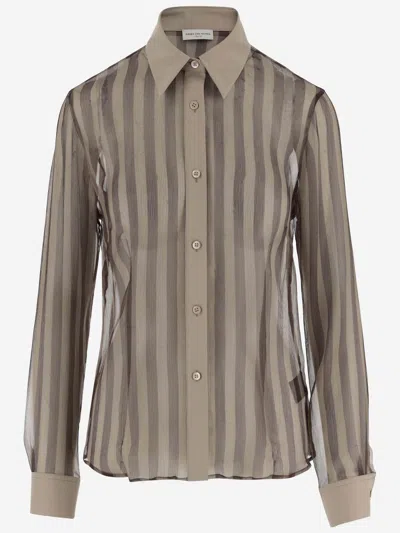 Dries Van Noten Cotton And Silk Shirt With Striped Pattern In Brown