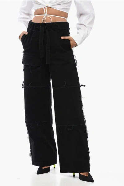 Dries Van Noten Cotton Cargo Denims With Raw-cut Details In Black