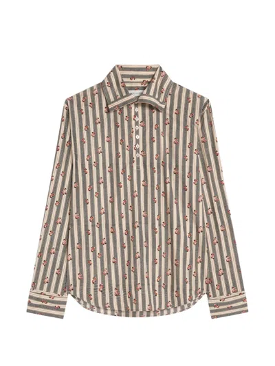 Dries Van Noten Beige Striped Cotton Shirt With Floral Print In Transparent