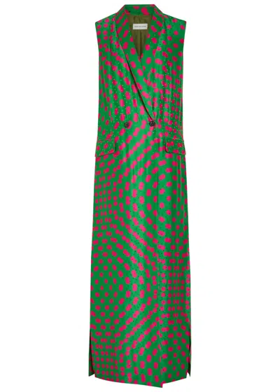 Dries Van Noten Covy Printed Satin And Silk-blend Coat In Green