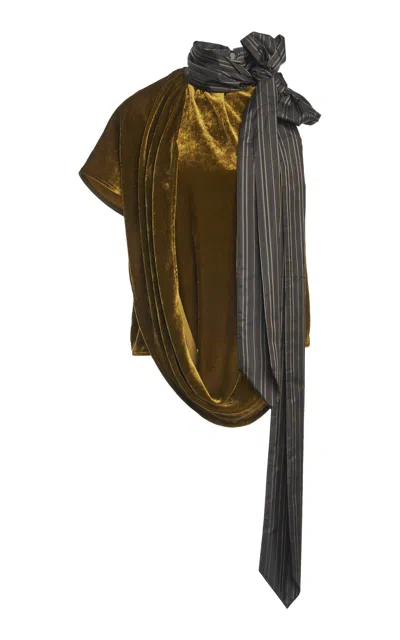 Dries Van Noten Cresta Scarf-detailed Silk-velvet Top In Olive