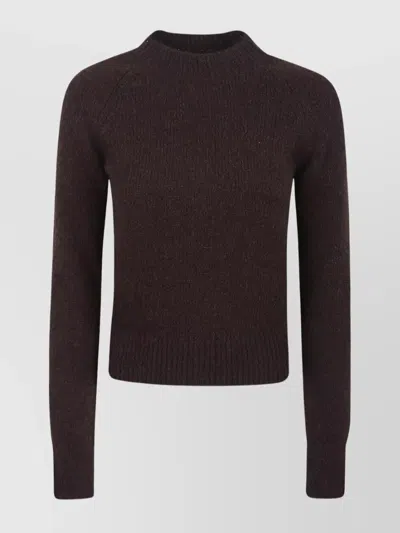 Dries Van Noten Crew Neck Knit Sweater With Ribbed Cuffs In Brown