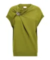 Dries Van Noten 'cap Sleeves Draped Embellished Trim Sweatshirt' In Green