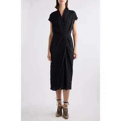 Dries Van Noten Crinkle Texture Faux Wrap Midi Dress In Black