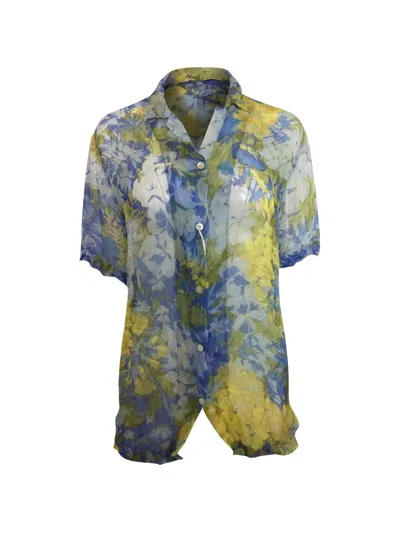 Pre-owned Dries Van Noten Crinkled Floral-print Shirt In Blue