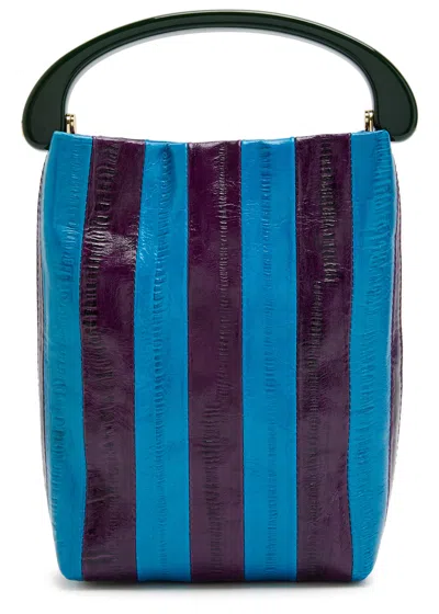 Dries Van Noten Crisp Striped Glossed Leather Top Handle Bag In Blue