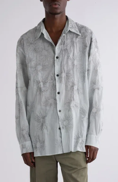 Dries Van Noten Croom Floral Embroidered Button-up Shirt In Ice Blue