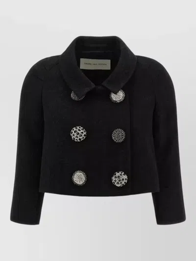 Dries Van Noten Cropped Coat Jewelled Buttons Floral Texture In Black