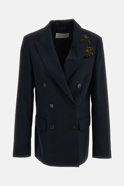Dries Van Noten Cropped Double-breasted Wool Blazer With Embroideries In Multi