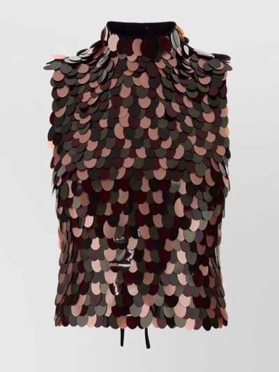 Dries Van Noten Cropped Sleeveless High Neck Sequin Top In Brown