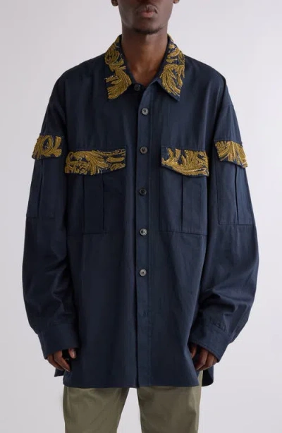 Dries Van Noten Crowsy Embellished Utility Shirt In Navy