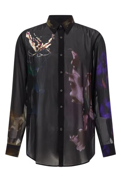 Dries Van Noten Sheer Fabric Floral Print Long Sleeves Shirt In Black