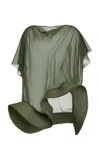 Dries Van Noten Curly Ruffled Silk-voile Top In Khaki